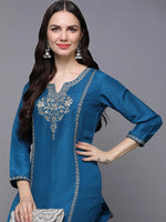 Silk Blend Blue Embroidered Straight