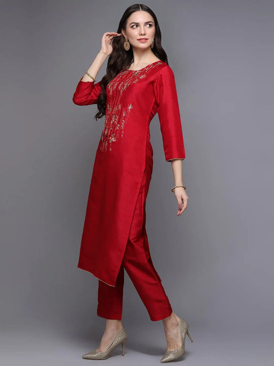 Silk Blend Red Embroidered Straight-VCK9486_XS