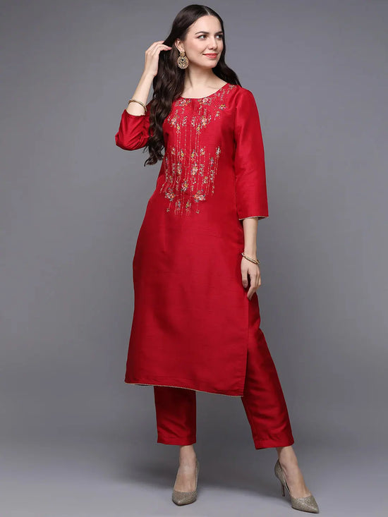 Silk Blend Red Embroidered Straight-VCK9486_XS