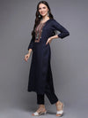 Cotton Blend Navy Blue Embroidered