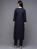 Cotton Blend Navy Blue Embroidered