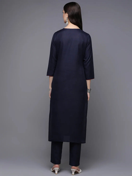 Cotton Blend Navy Blue Embroidered