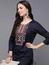 Cotton Blend Navy Blue Embroidered