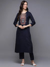 Cotton Blend Navy Blue Embroidered