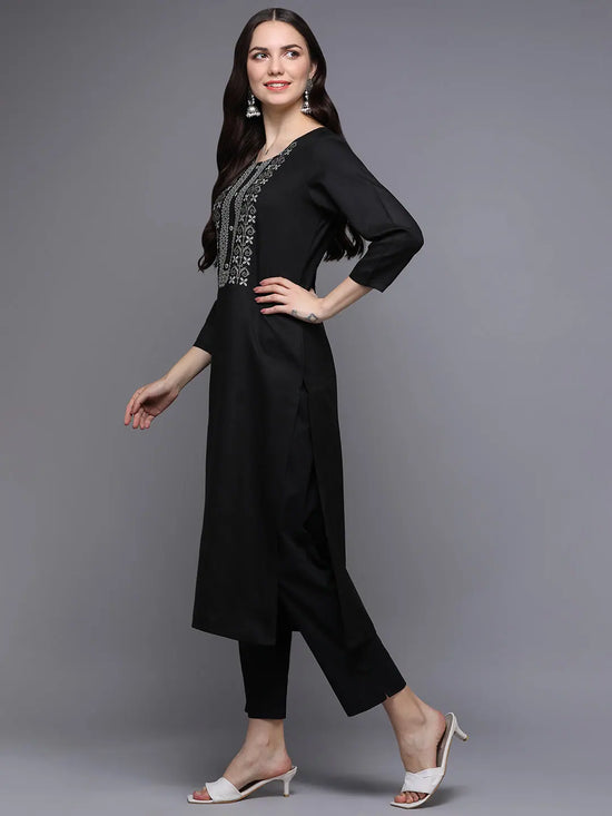 Silk Blend Black Embroidered Straight-VCK9477_XS