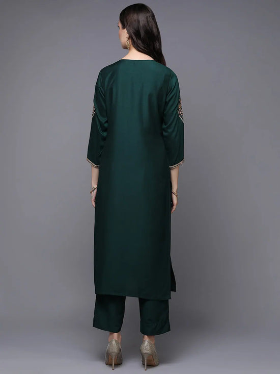 Silk Blend Green Embroidered Straight-VCK9455_XS