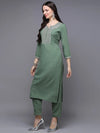 Silk Blend Green Embroidered Straight-VCK9461_XS