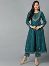 Silk Blend Green Embroidered Flared