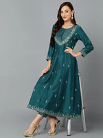 Silk Blend Green Embroidered Flared