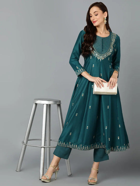 Silk Blend Green Embroidered Flared