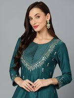 Silk Blend Green Embroidered Flared