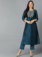 Silk Blend Teal Embroidered Straight