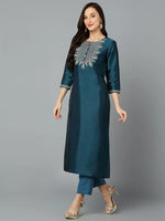 Silk Blend Teal Embroidered Straight