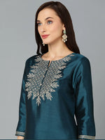 Silk Blend Teal Embroidered Straight