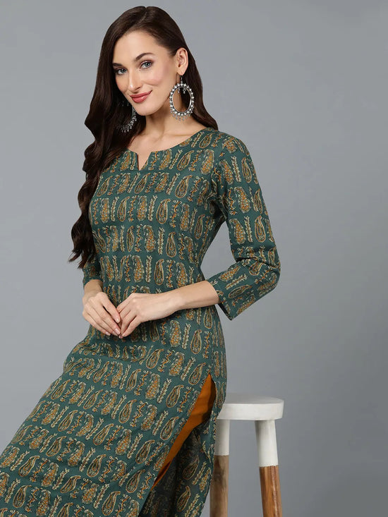 Cotton Green Paisley Printed Straight