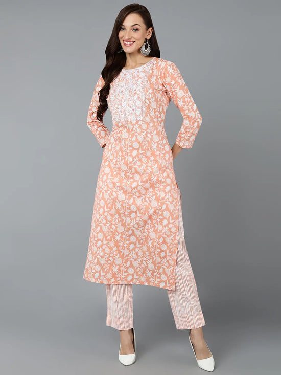 Cotton Orange Printed Straight Kurta