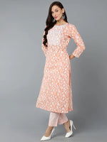 Cotton Orange Printed Straight Kurta