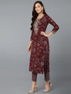 Silk Blend Maroon Printed Straight