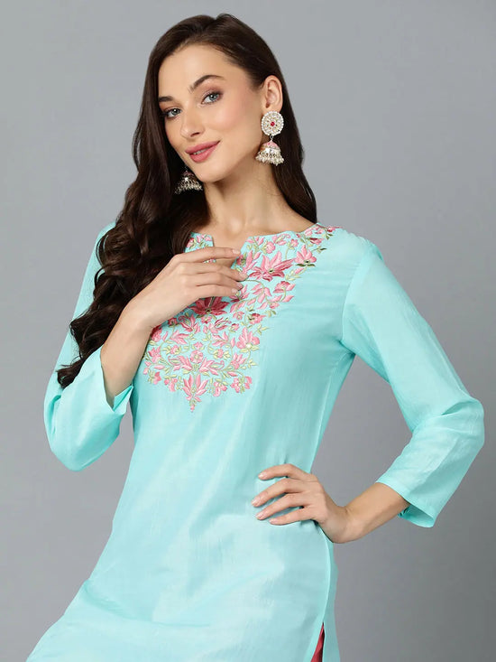 Viscose Rayon Turquoise Embroidered Straight