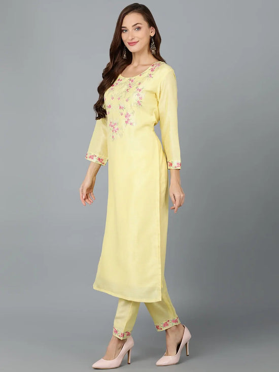 Lemon Yellow Silk Blend Embroidered