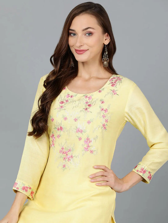 Lemon Yellow Silk Blend Embroidered