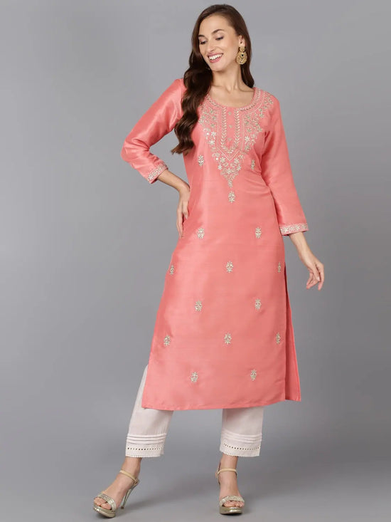 Flamingo-Pink Silk Blend Embroidered Festive