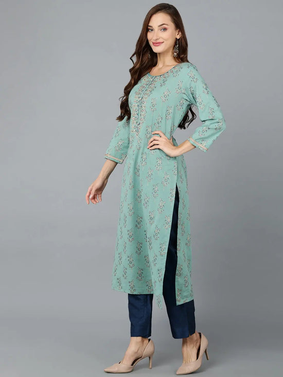 Sea Green Cotton Embroidered Work