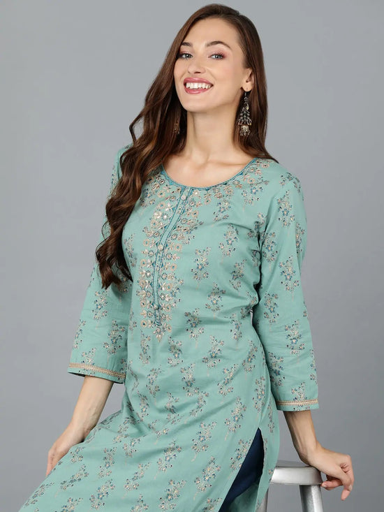 Sea Green Cotton Embroidered Work