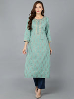 Sea Green Cotton Embroidered Work