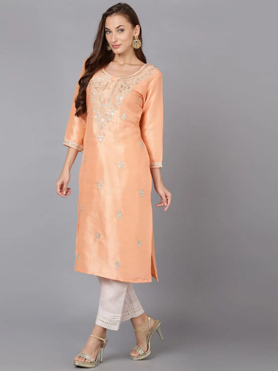 Peach Silk Blend Embroidered Work