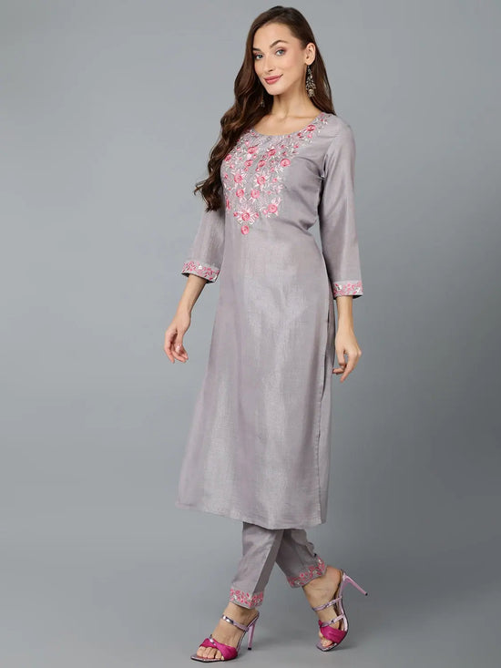 Steel Grey Silk Blend Embroidered