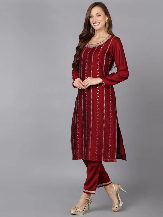 Burgundy Silk Blend Embroidered Festive