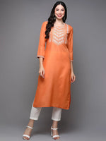 Silk Blend Orange Embroidered Straight-VCK9497_XS