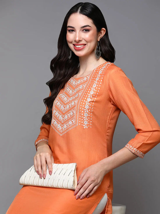 Silk Blend Orange Embroidered Straight-VCK9497_XS