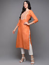 Silk Blend Orange Embroidered Straight-VCK9497_XS