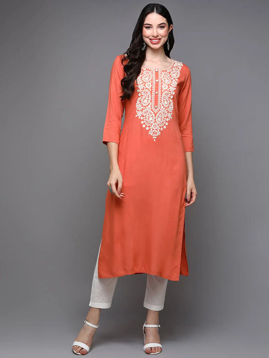 Viscose Rayon Orange Embroidered Straight