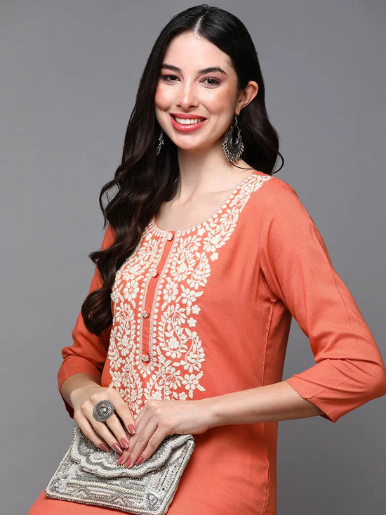 Viscose Rayon Orange Embroidered Straight