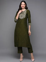 Silk Blend Olive Embroidered Straight