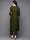 Silk Blend Olive Embroidered Straight