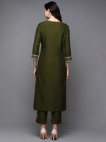 Silk Blend Olive Embroidered Straight