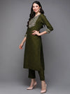 Silk Blend Olive Embroidered Straight