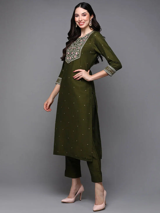 Silk Blend Olive Embroidered Straight