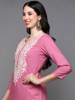 Viscose Rayon Pink Embroidered Straight