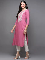 Viscose Rayon Pink Embroidered Straight