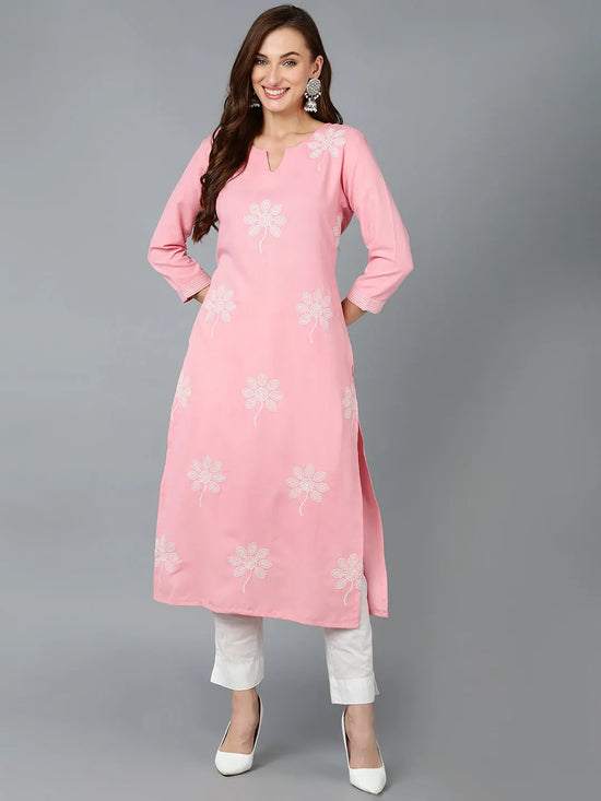 Rose Pink Cotton Blend Embroidered