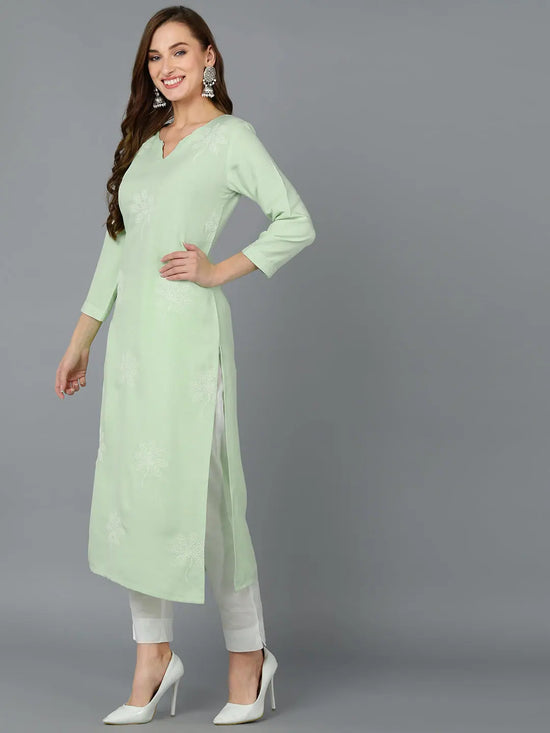 Mint Green Cotton Blend Embroidered