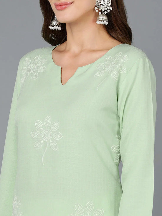 Mint Green Cotton Blend Embroidered