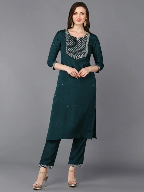 Silk Blend Green Embroidered Straight Kurta-VCK9307_XS