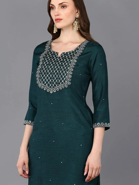 Silk Blend Green Embroidered Straight Kurta-VCK9307_XS