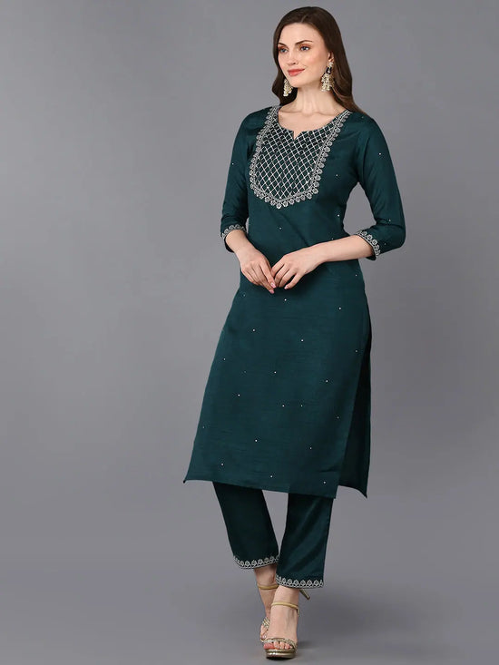 Silk Blend Green Embroidered Straight Kurta-VCK9307_XS